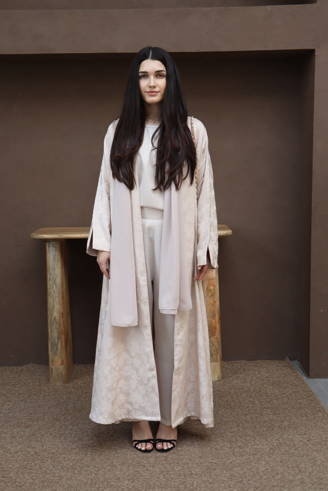 Mahra Abaya With Scarf - Beige Flower Embroidery