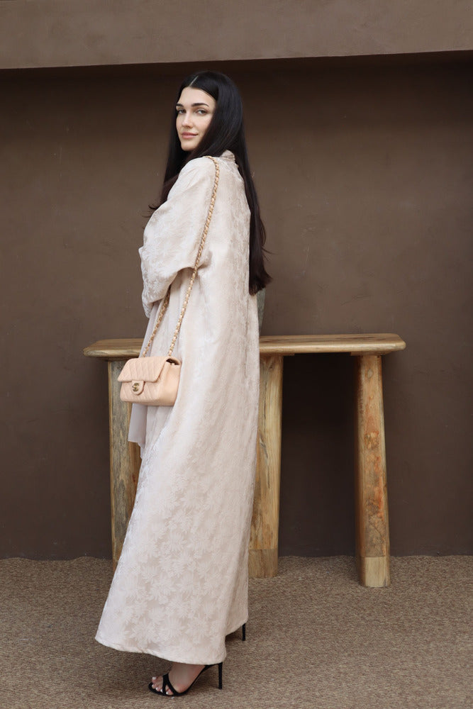 Mahra Abaya With Scarf - Beige Flower Embroidery