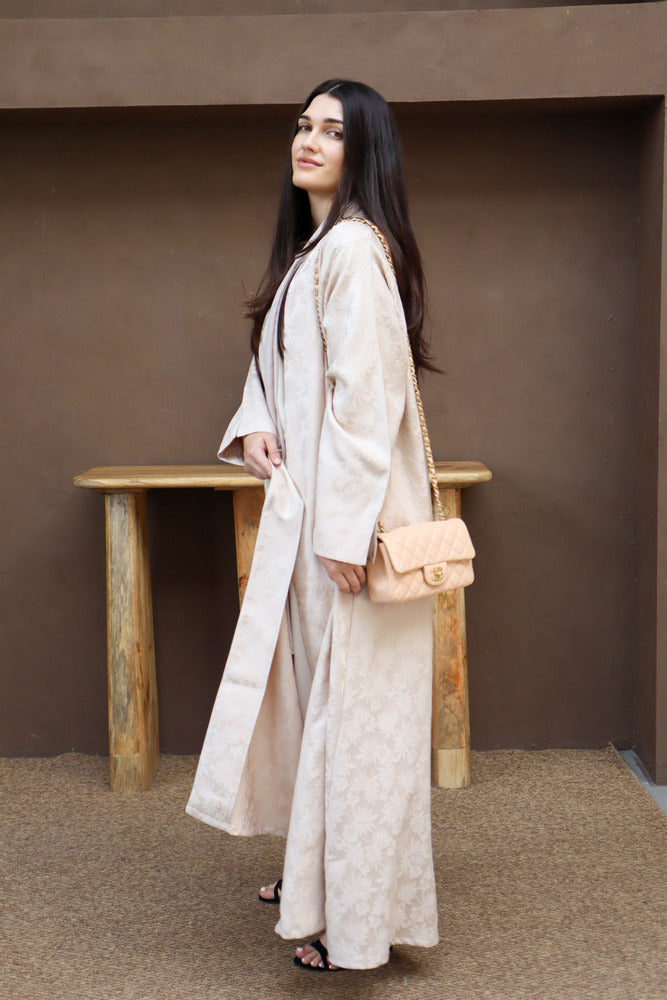 Mahra Abaya With Scarf - Beige Flower Embroidery