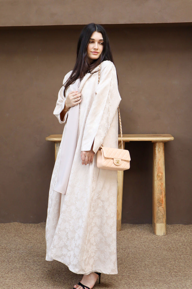 Mahra Abaya With Scarf - Beige Flower Embroidery
