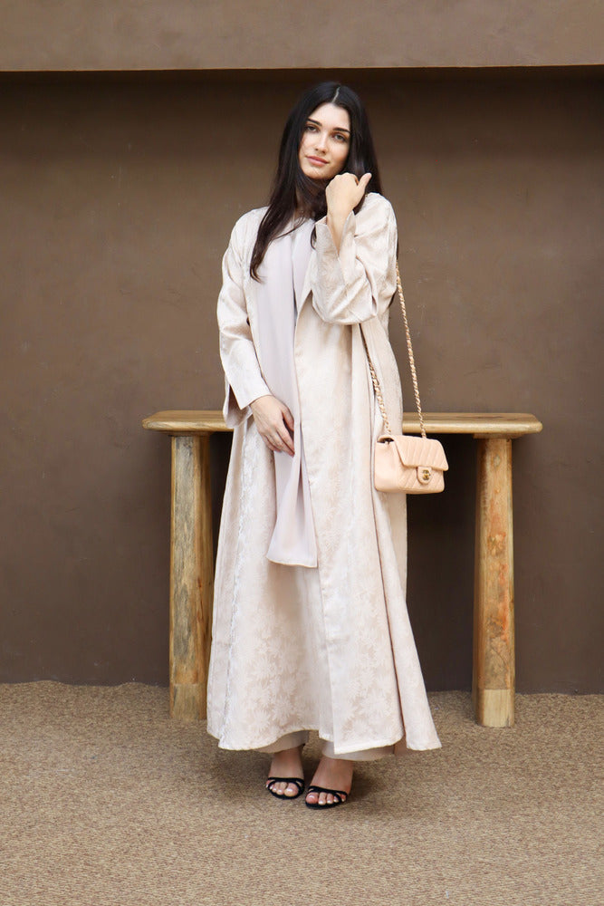 Mahra Abaya With Scarf - Beige Flower Embroidery