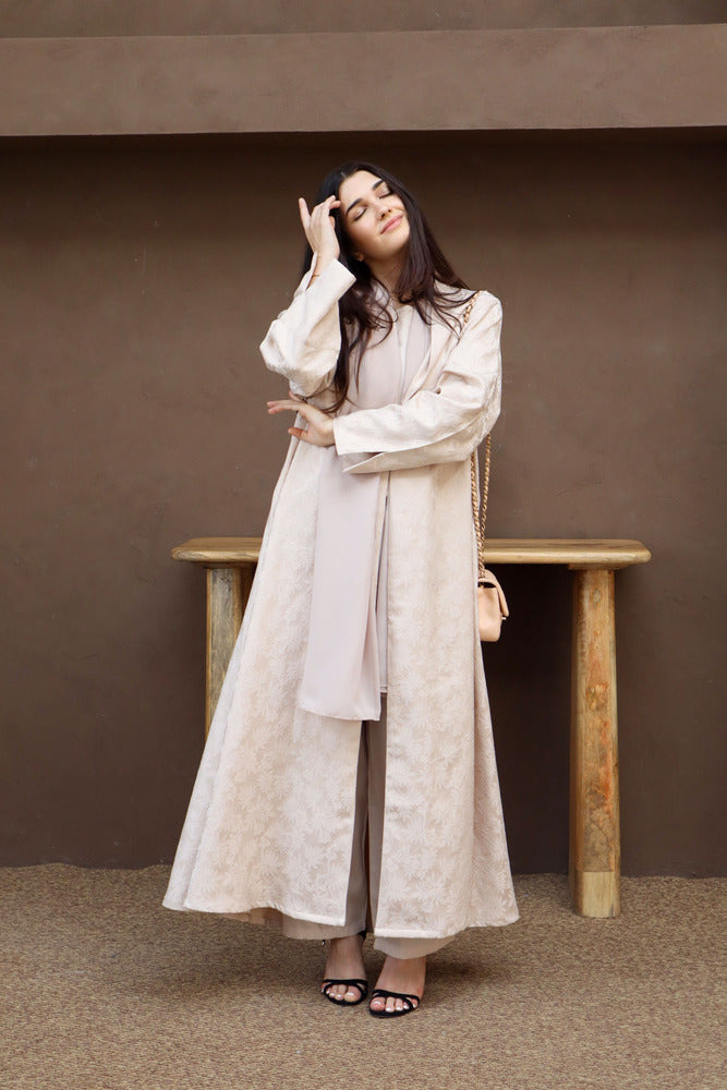 Mahra Abaya With Scarf - Beige Flower Embroidery
