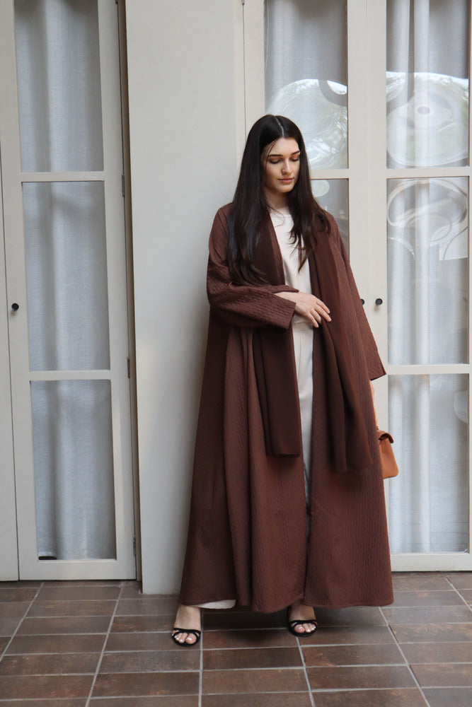 Waves Abaya With Scarf - Brown