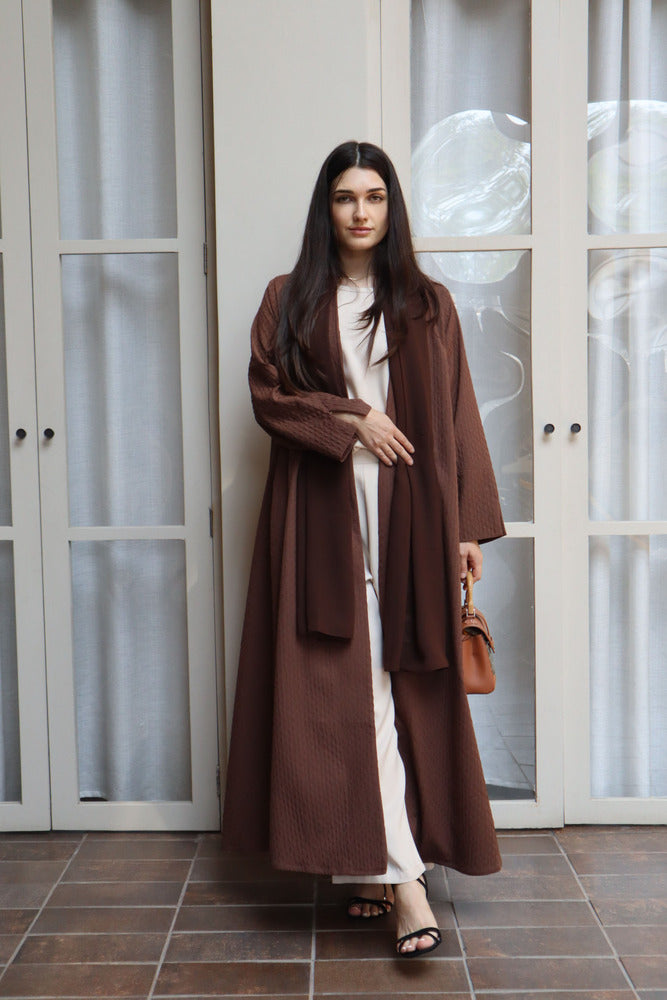 Waves Abaya With Scarf - Brown