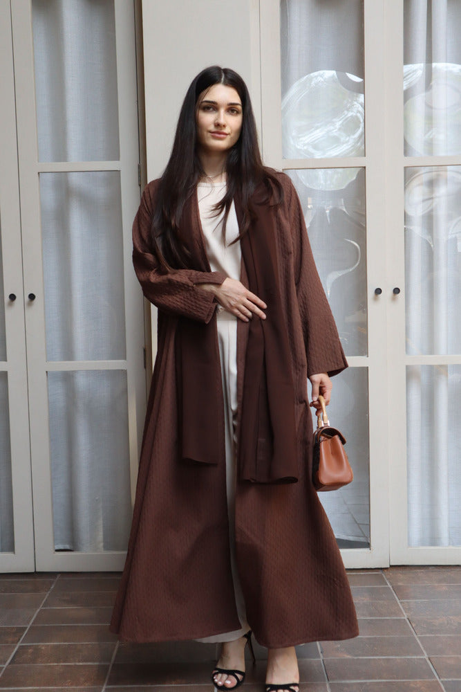 Waves Abaya With Scarf - Brown