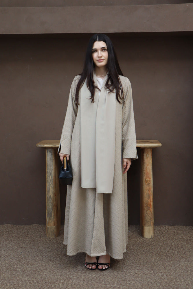 Waves Abaya With Scarf - Beige