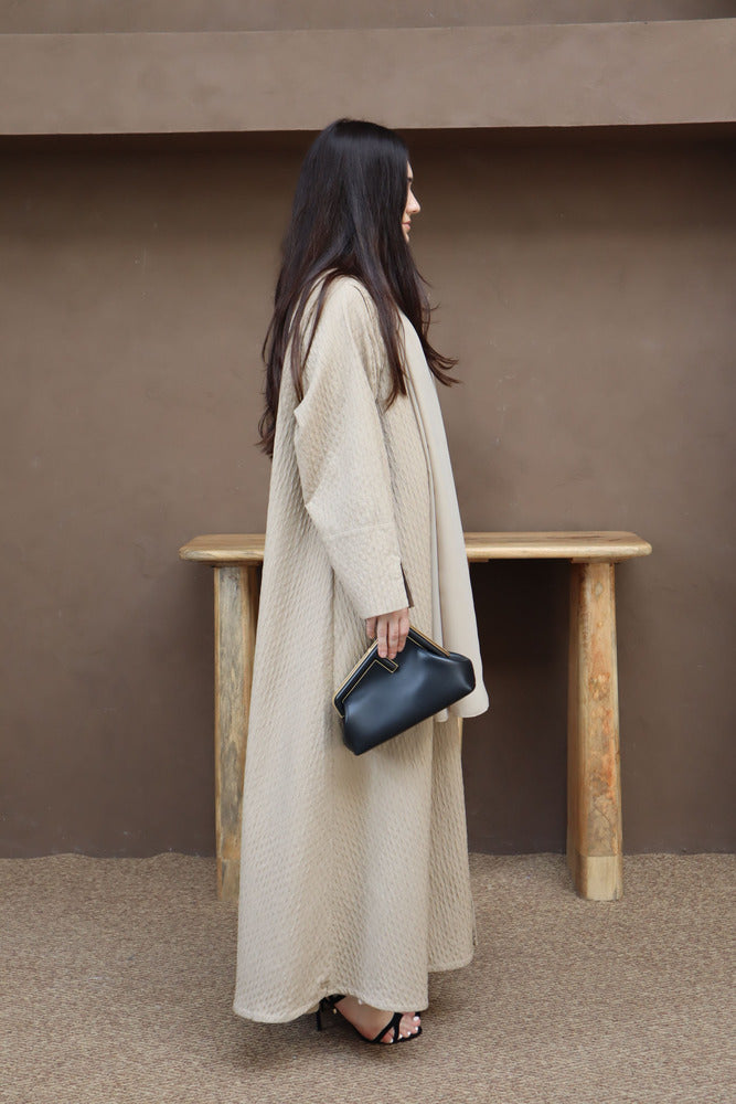 Waves Abaya With Scarf - Beige