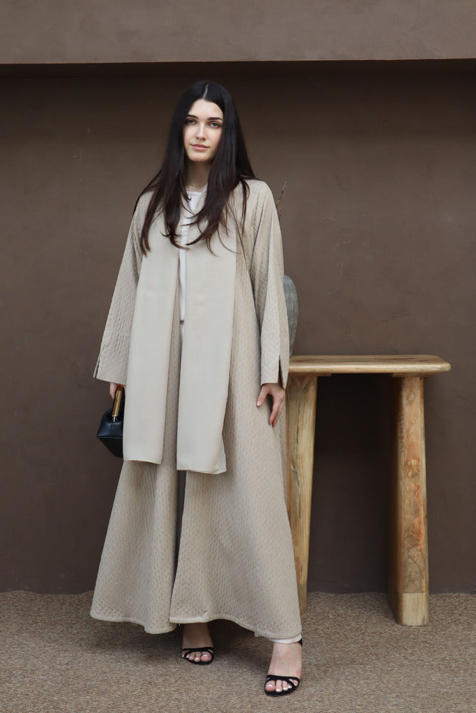 Waves Abaya With Scarf - Beige