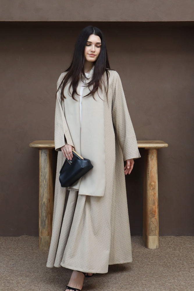 Waves Abaya With Scarf - Beige