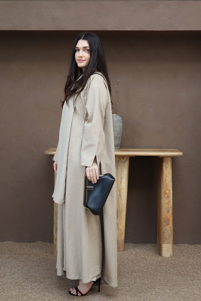 Waves Abaya With Scarf - Beige