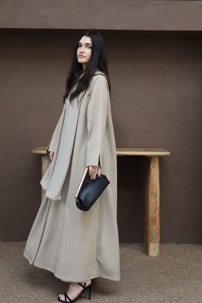 Waves Abaya With Scarf - Beige