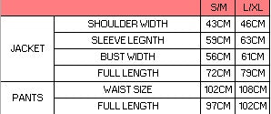 Size chart for Roma Set - Black