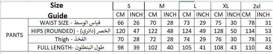 Size chart for Wide Pants
