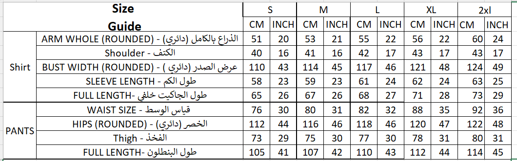 Size chart for Shirt & Pleated Pants Set