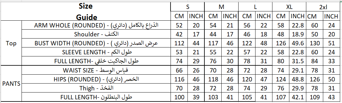 Size chart for Top & Pants Set