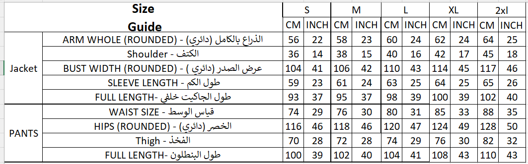 Size chart for Fakuro Long Jacket & Pants