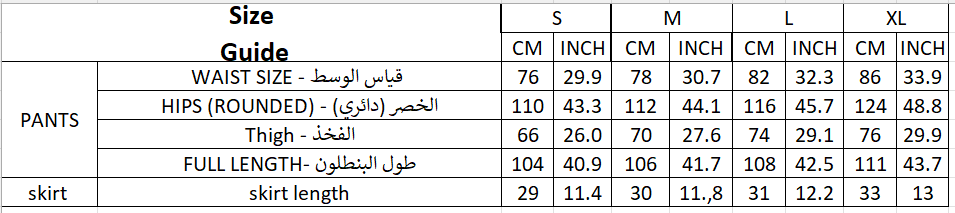 Size chart for Skirt Pants