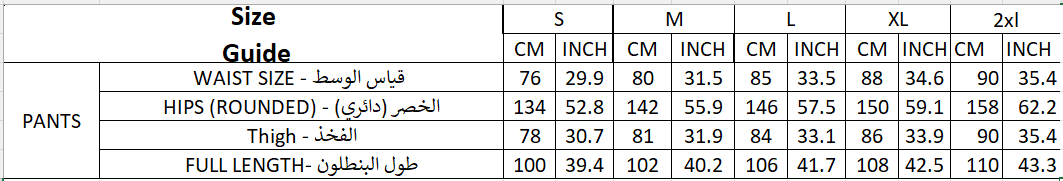 Size chart for Wide Legs Pants