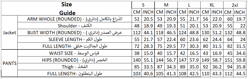 Size chart for Light Weight Suit