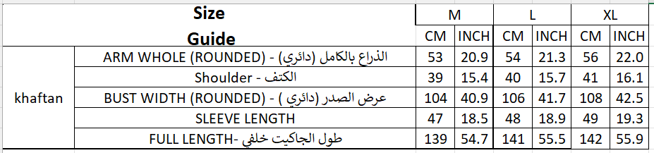 Size chart for Kaftan#205188