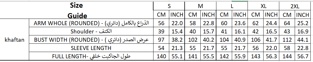 Size chart for Kaftan#AB402