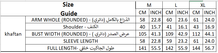Size chart for Kaftan#205135