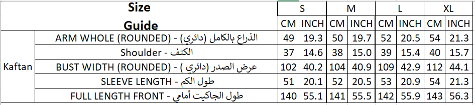 Size chart for Kaftan#KY2027