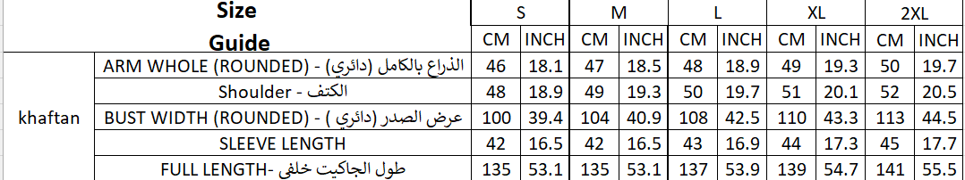Size chart for Kaftan#205168