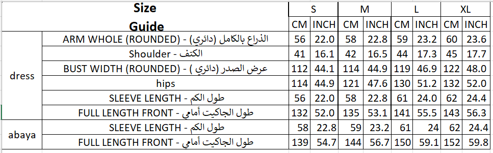 Size chart for Bling Abaya Set
