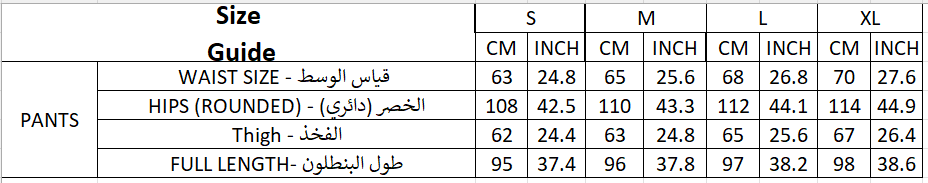 Size chart for Regular Sweatpants