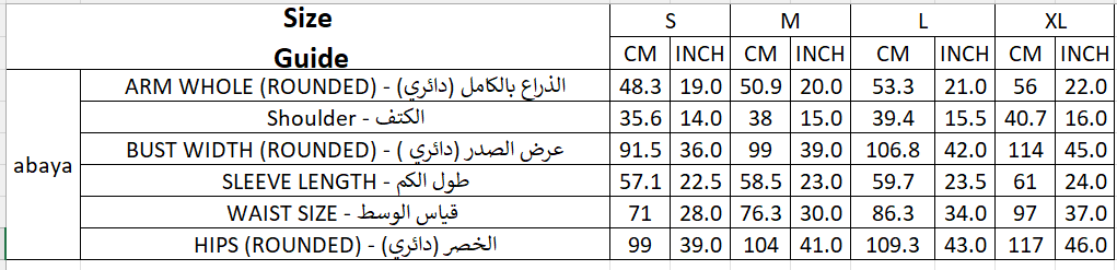 Size chart for Blazer #1 Abaya
