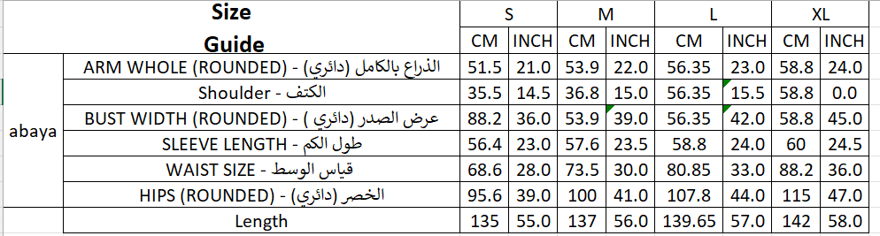 Size chart for Abaya 107 Black( Ready made)