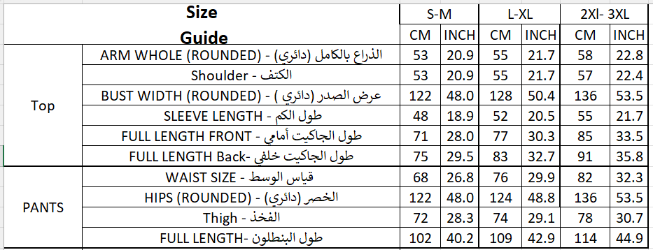 Size chart for TOP & Pants Set