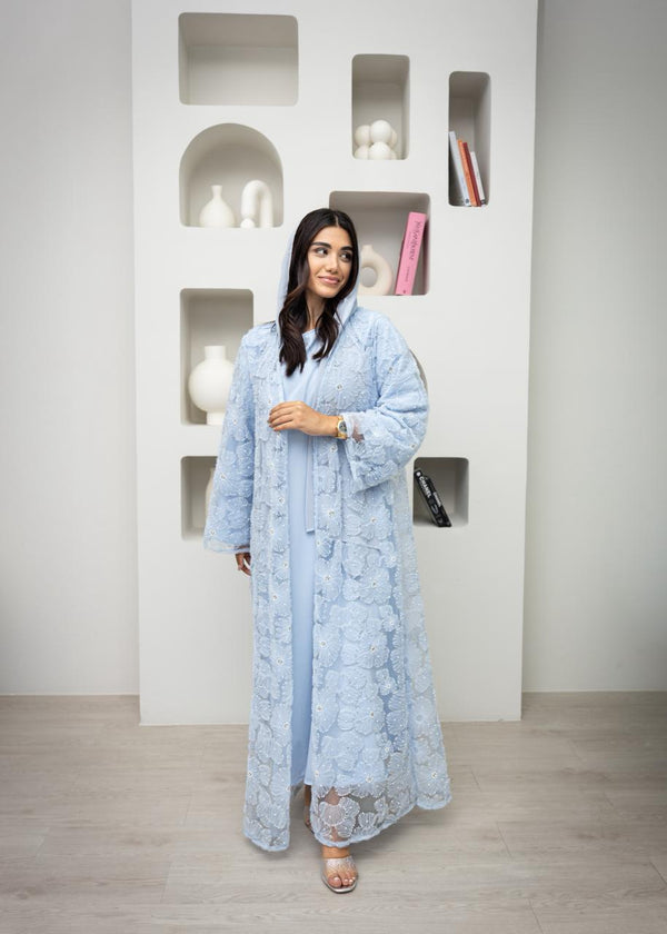 Bling Abaya Pearl Embroidered Three-Piece Abaya Set in Powder Blue