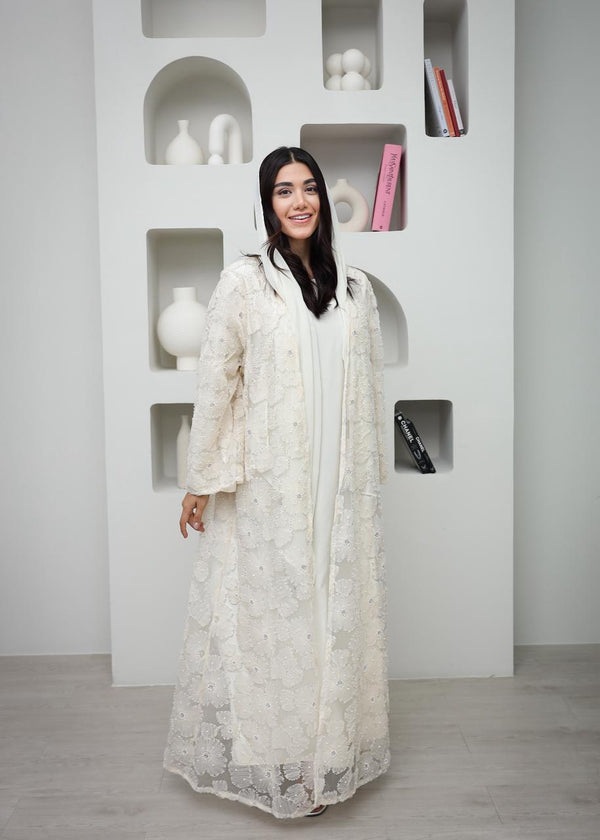 Bling Abaya Pearl Embroidered Three-Piece Abaya Set in Ivory