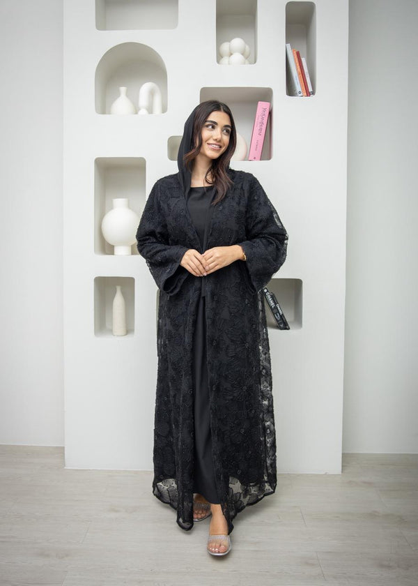 Bling Abaya Pearl Embroidered Three-Piece Abaya Set in Black