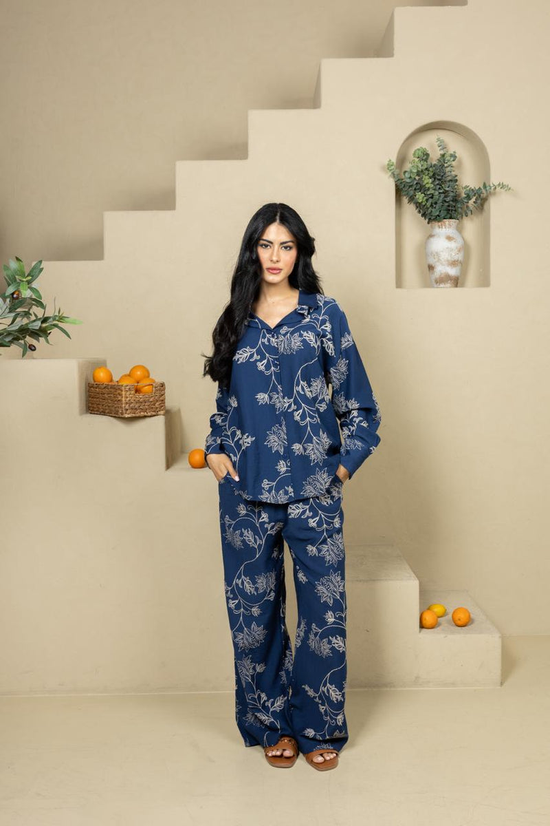 Botanical Print Rayon Co-ord Set in Navy Blue – Bond
