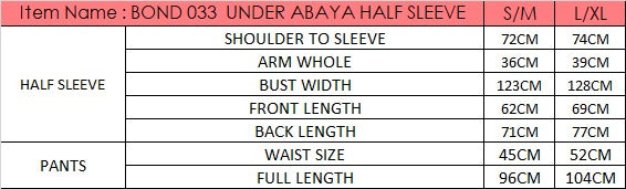 Size chart for Half Sleeves Under Abaya Set - Maroon