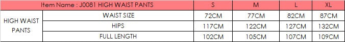 Size chart for High Waist Pants