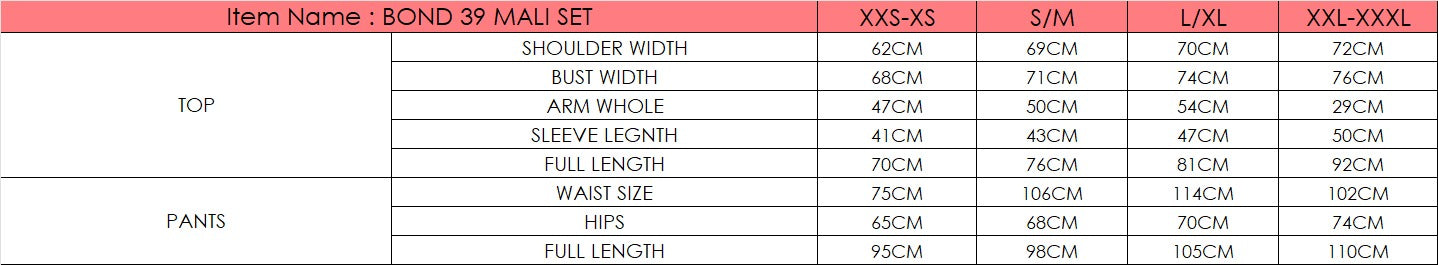 Size chart for Malè Suit - Blue