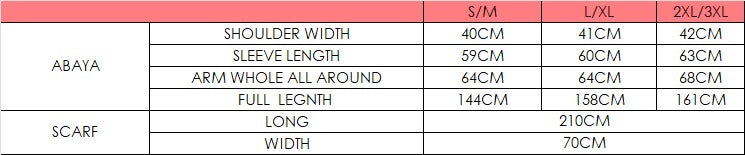 Size chart for Hessa Abaya With Scarf - Brown