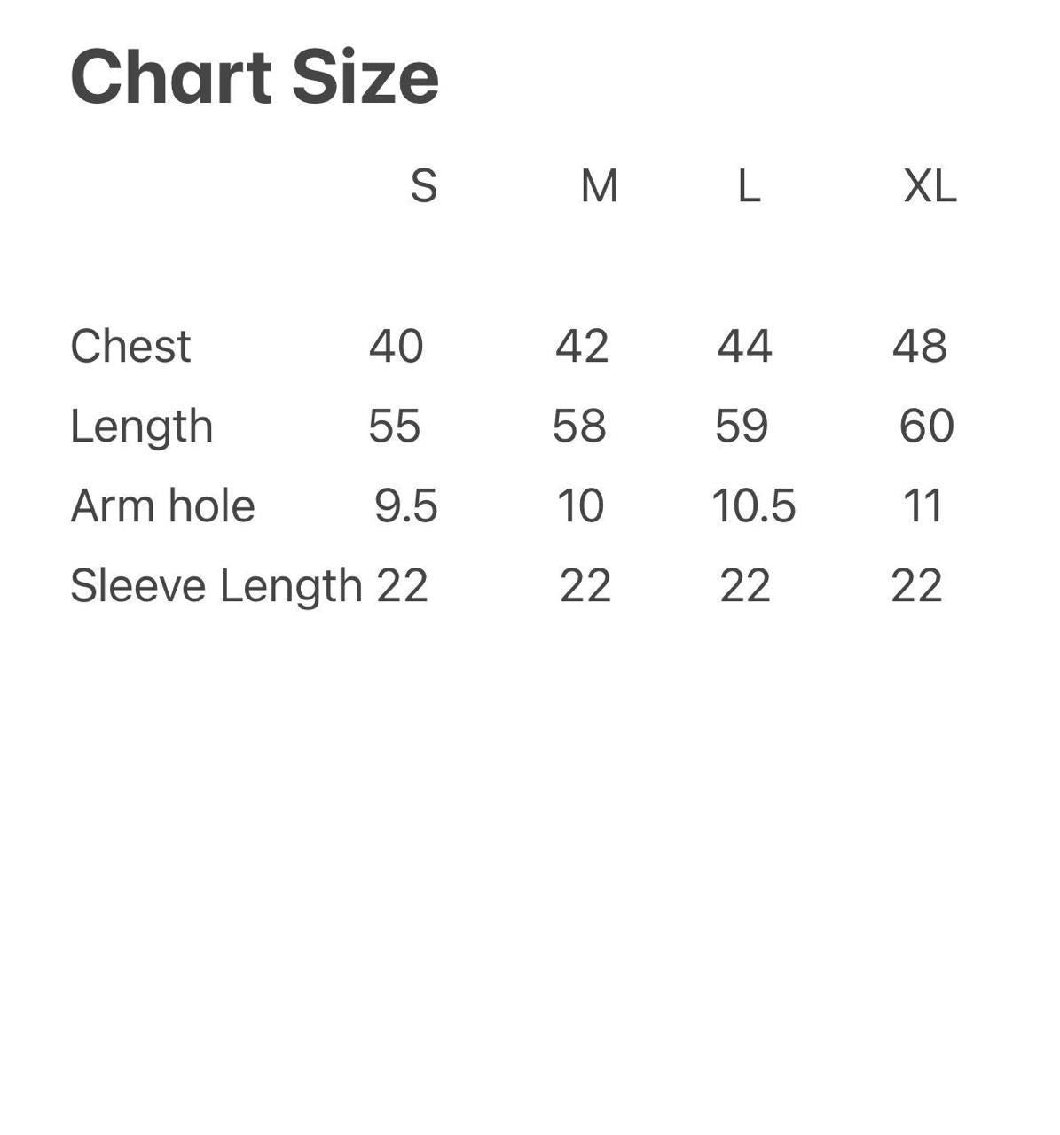 Size chart for L76 Bluepalm Jalabiya