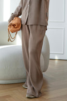 Wide Legs Pleats Pants - Brown