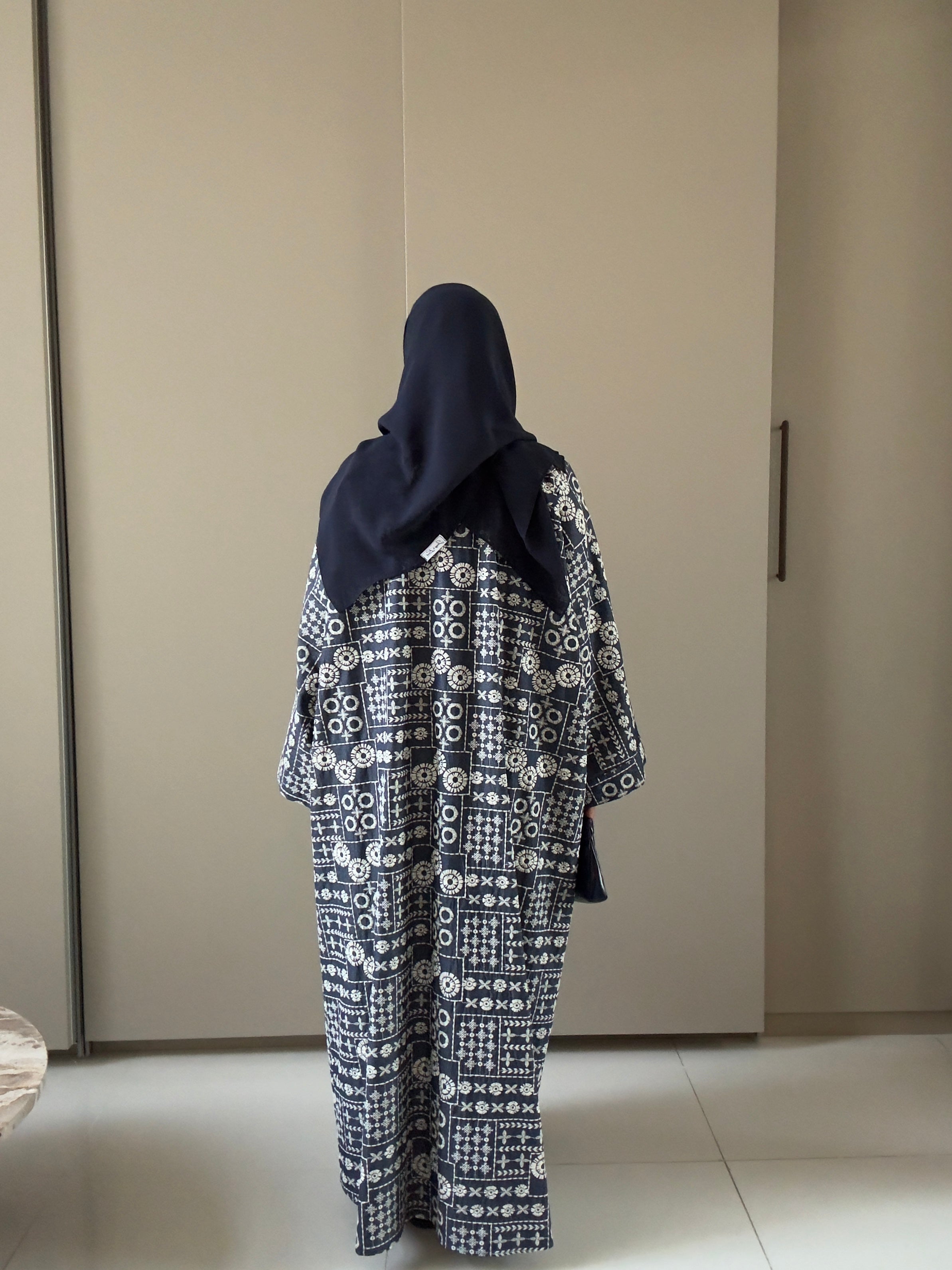 Customized Embroidered Denim Abaya – Navy Blue