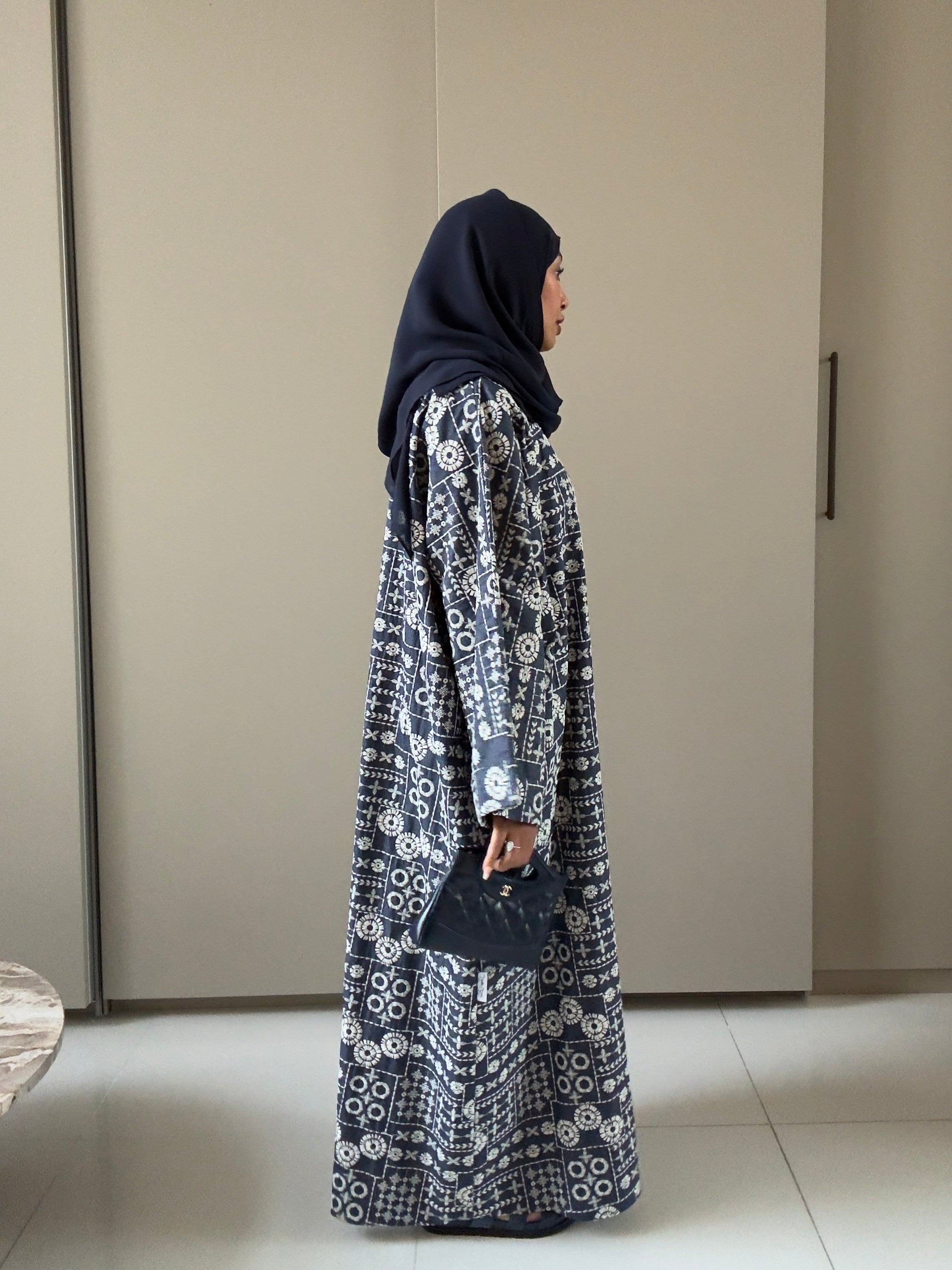 Customized Embroidered Denim Abaya – Navy Blue