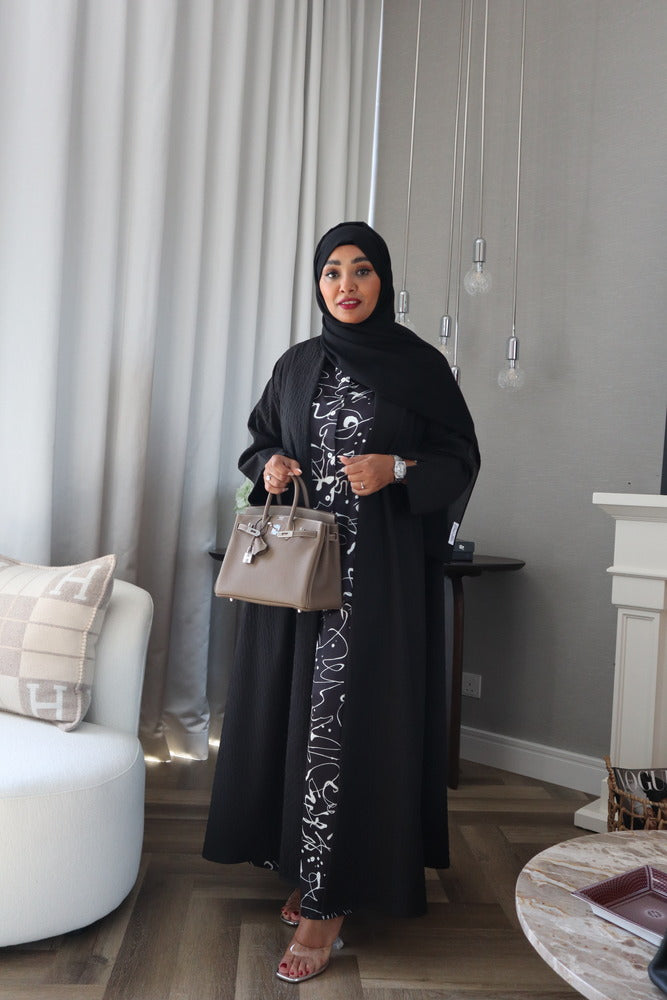 Waves Abaya With Scarf - Black